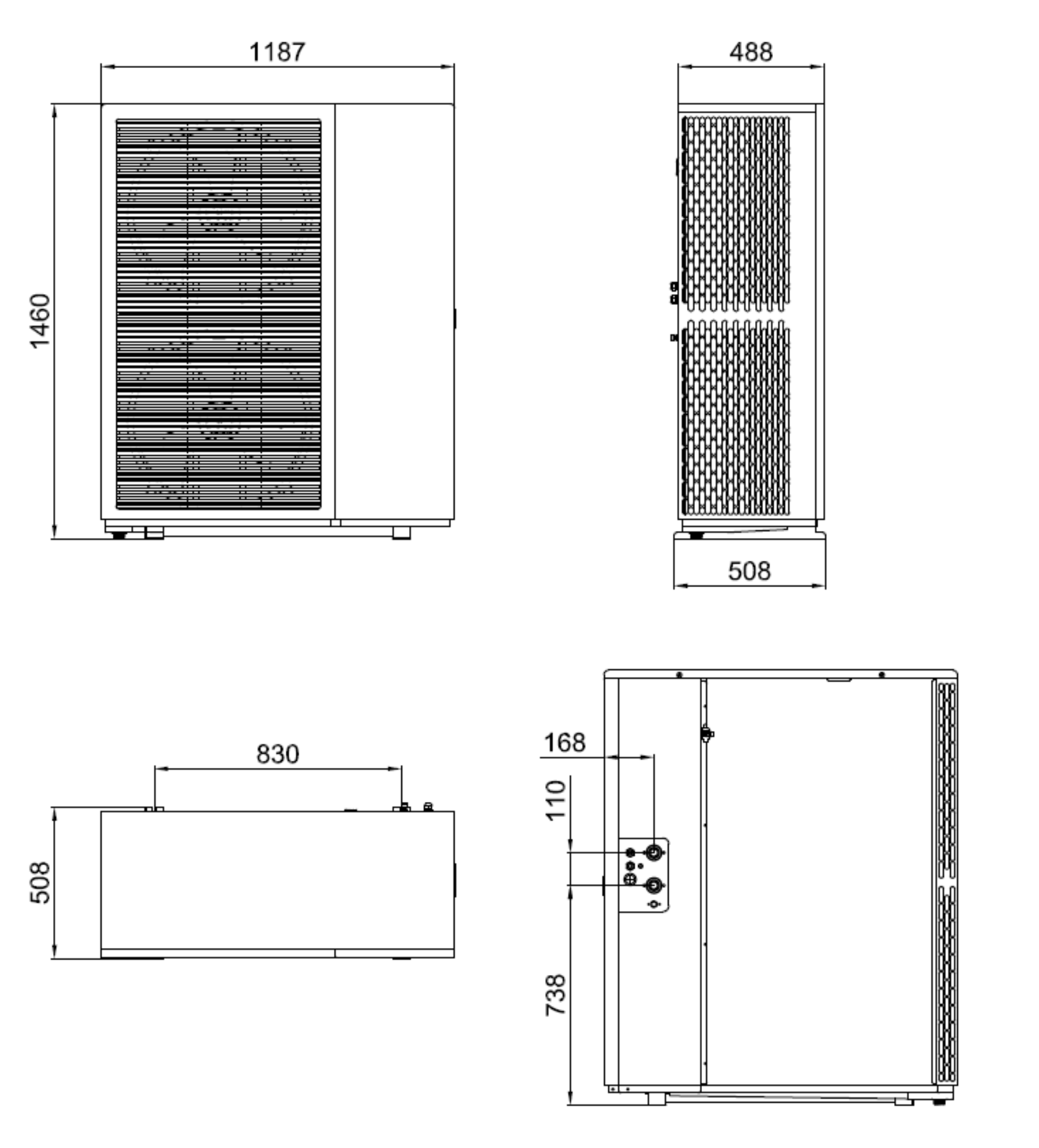 Maßzeichnung WPH-018TC3 aus dem Engineering Manual: Ansichten und Abmessungen 1187 × 508 × 1460 mm